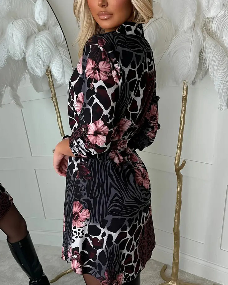 Leopardenkleid Blumenmuster Elegant - IdealeKleiden