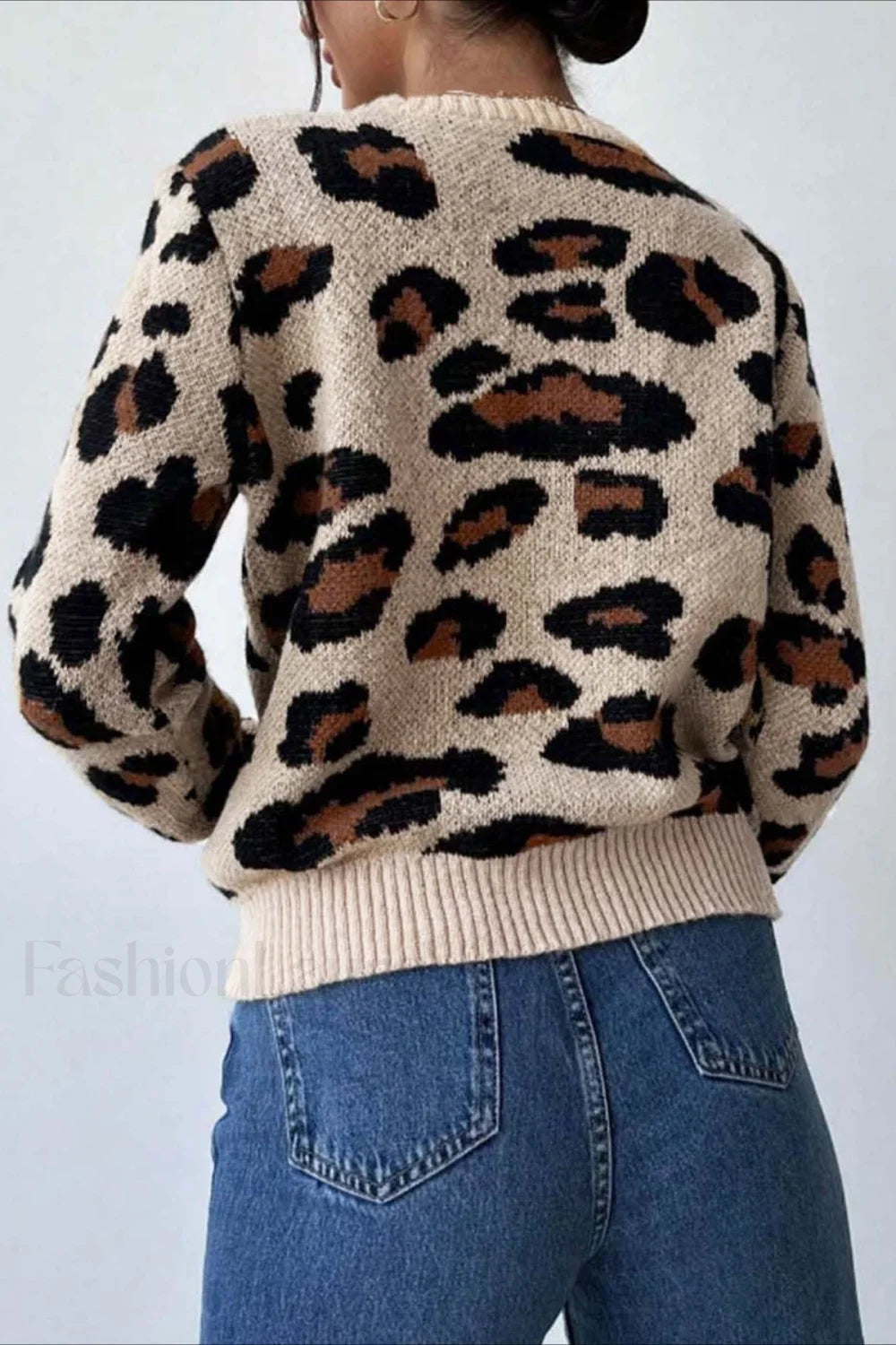 Stylischer Pullover Leopardenmuster Rundhals - IdealeKleiden