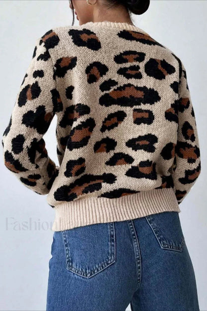 Stylischer Pullover Leopardenmuster Rundhals - IdealeKleiden