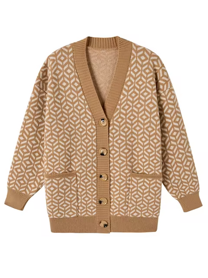 Stilvoller Strickcardigan Geometrisches Muster Knöpfe