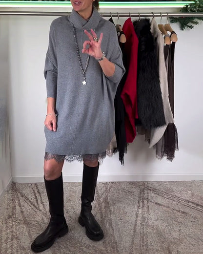 Elegant Spitzenkleid Mit Fledermausärmeln Hochgeschlossen