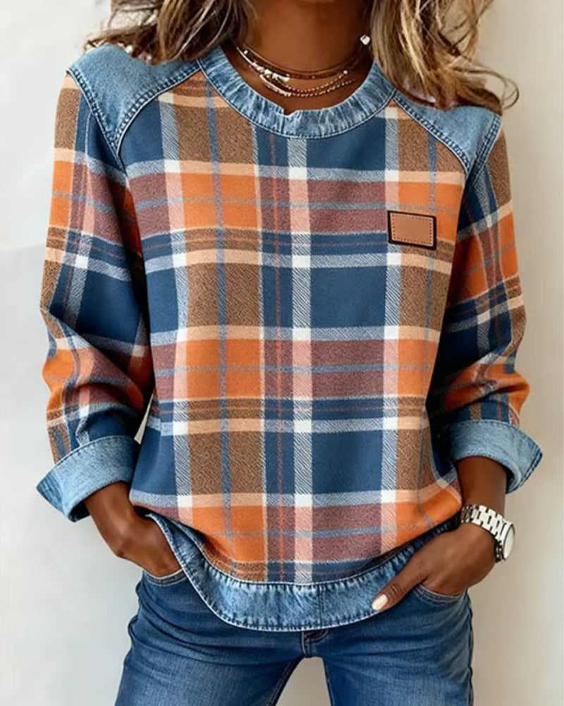 Mode Sweatshirt Karomuster Patchwork Design - IdealeKleiden
