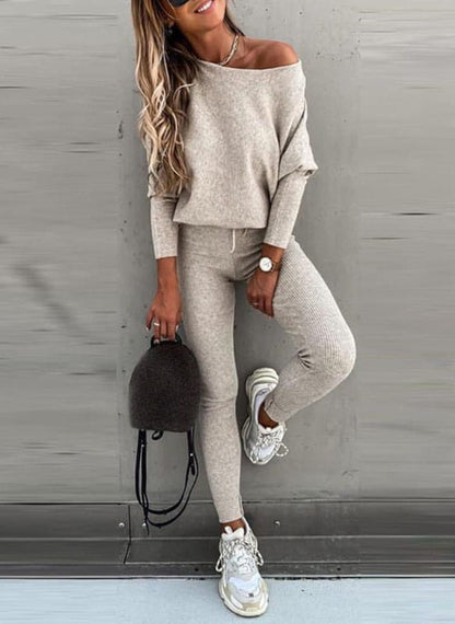 Weihnachtsoutfit | Off Shoulder Pullover Set Damen mit Leggings - IdealeKleiden