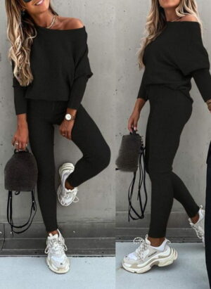 Weihnachtsoutfit | Off Shoulder Pullover Set Damen mit Leggings