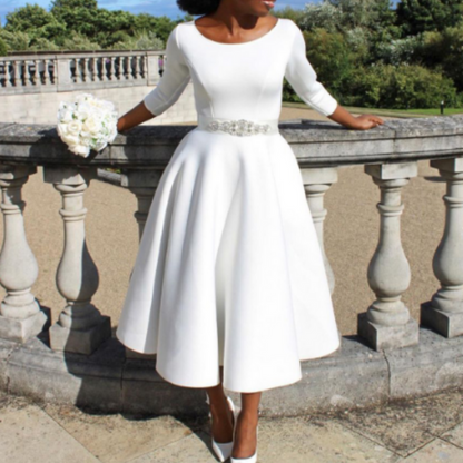 Elegantes Damen Midi-Kleid Rundhals Schnitt