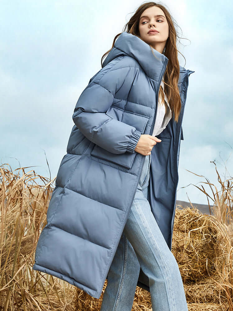 Damen Winterdaunenparka Lange Pufferjacke Kapuze