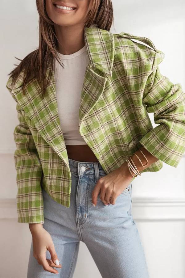 Frauen Herbstjacke Karo Muster Wendekragen - IdealeKleiden