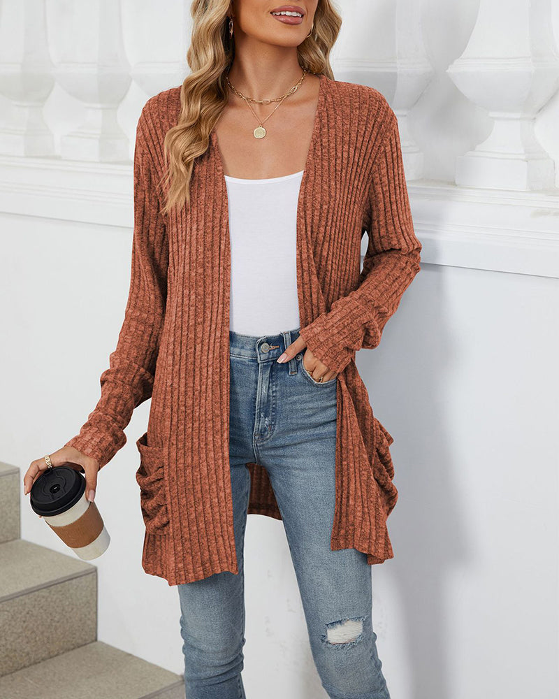 Stylischer Einfarbiger Cardigan Langärmlig Mit Tasche