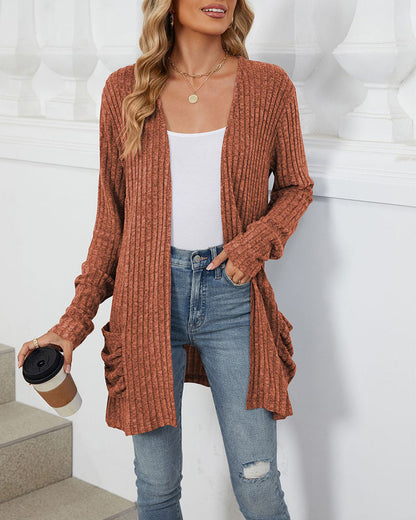 Stylischer Einfarbiger Cardigan Langärmlig Mit Tasche