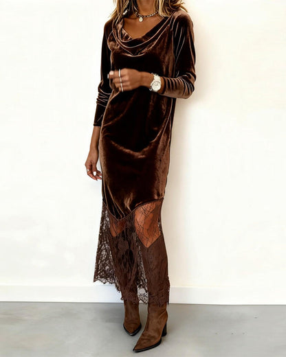 Elegantes Kleid Wasserfallausschnitt Spitze Patchwork - IdealeKleiden