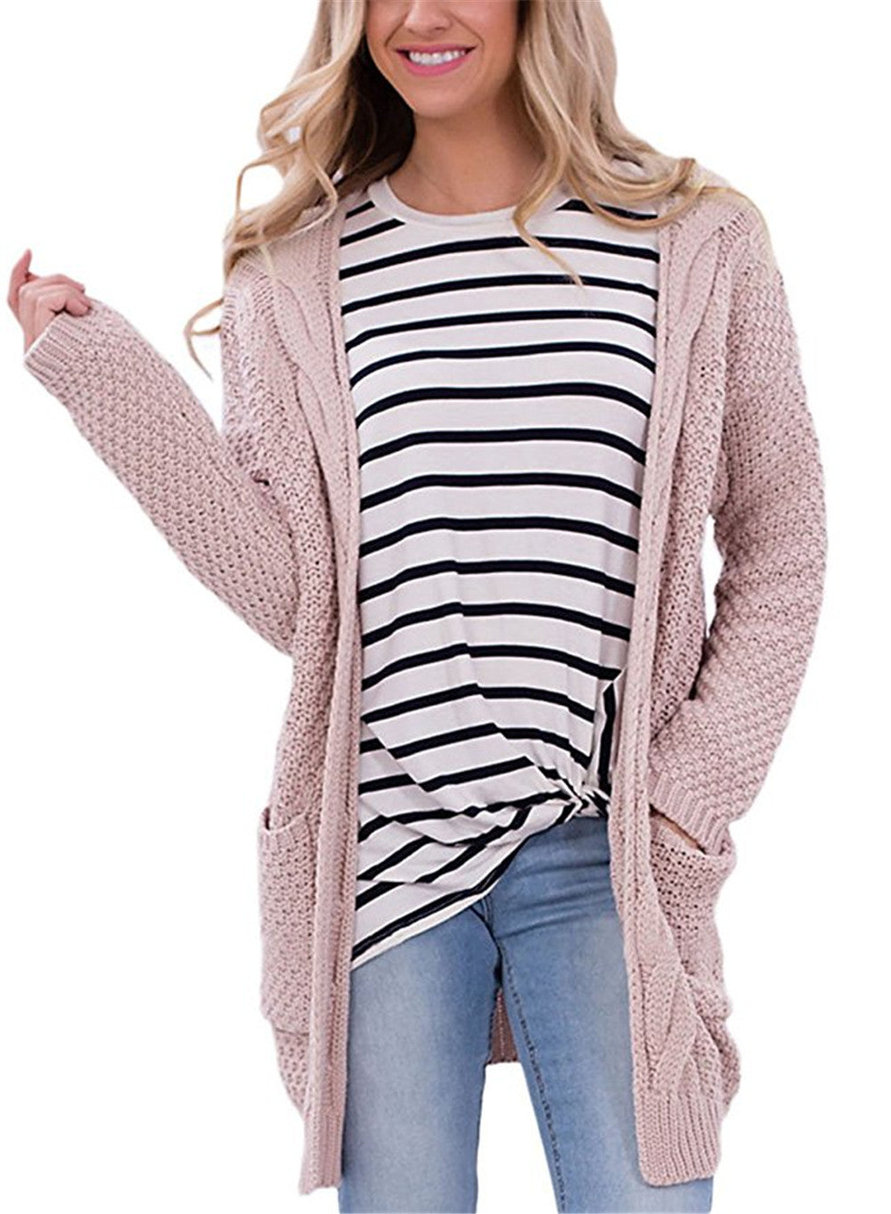 Damen Strickcardigan Gemütlich Zopfmuster mit Taschen