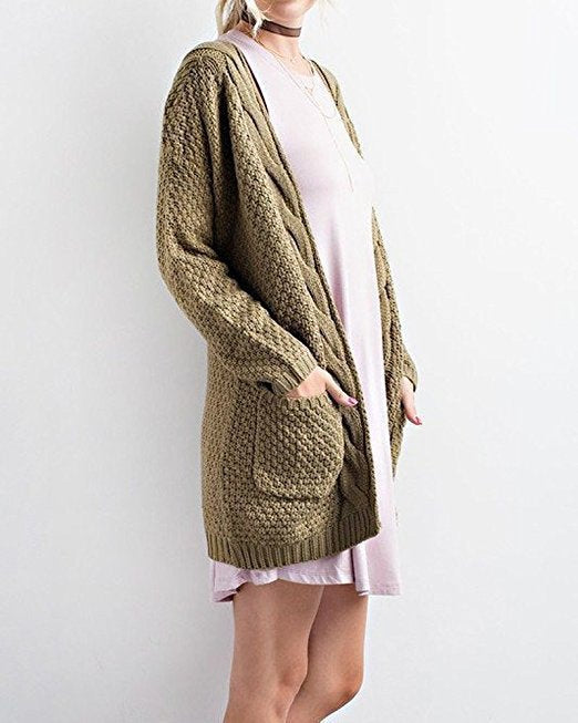 Damen Strickcardigan Gemütlich Zopfmuster mit Taschen