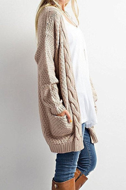 Damen Strickcardigan Gemütlich Zopfmuster mit Taschen