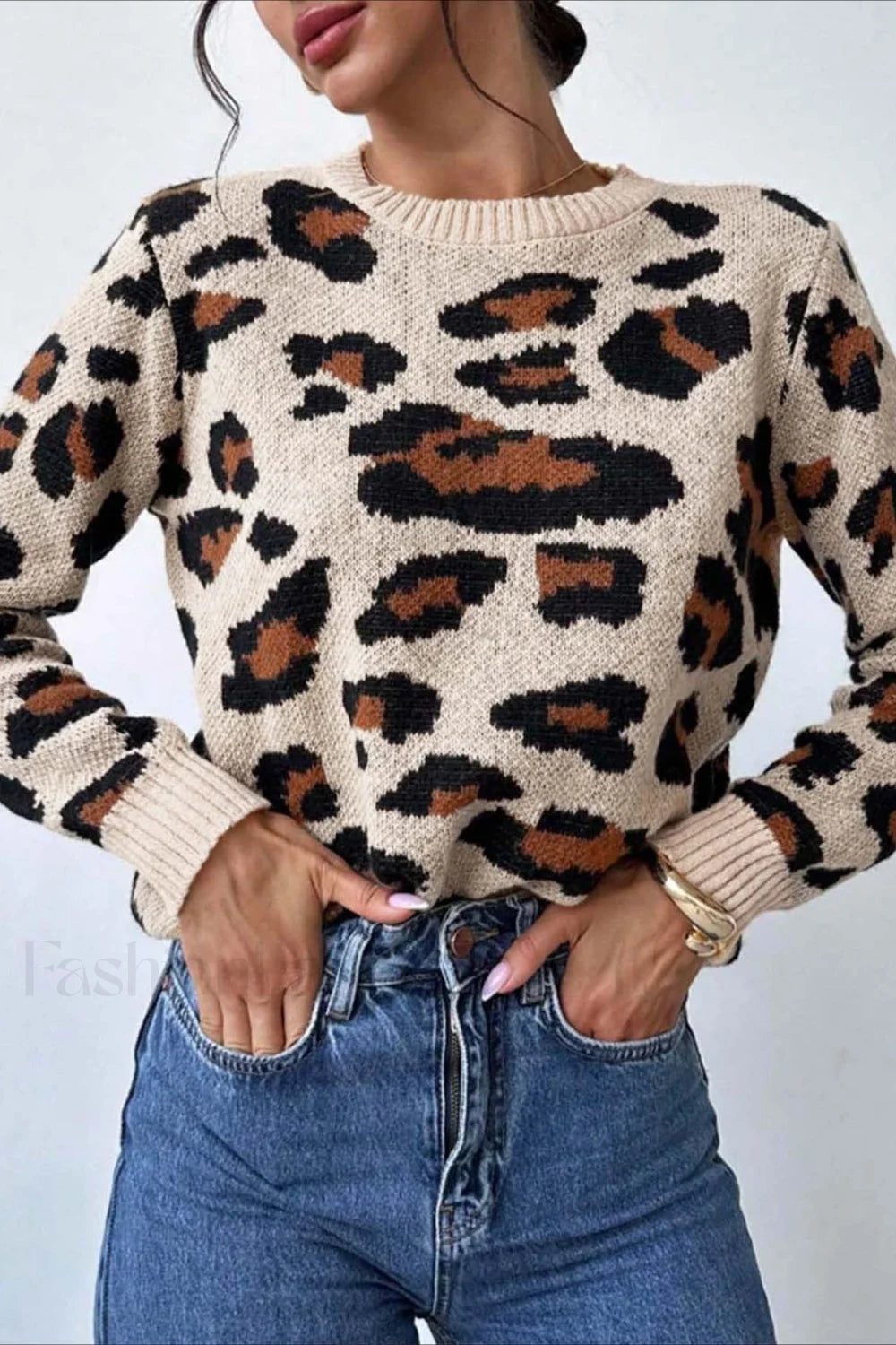 Stylischer Pullover Leopardenmuster Rundhals
