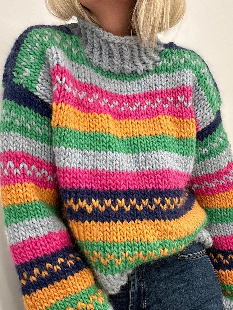 Mia - Rollkragenpullover Retro Style Kontrast Streifen - IdealeKleiden