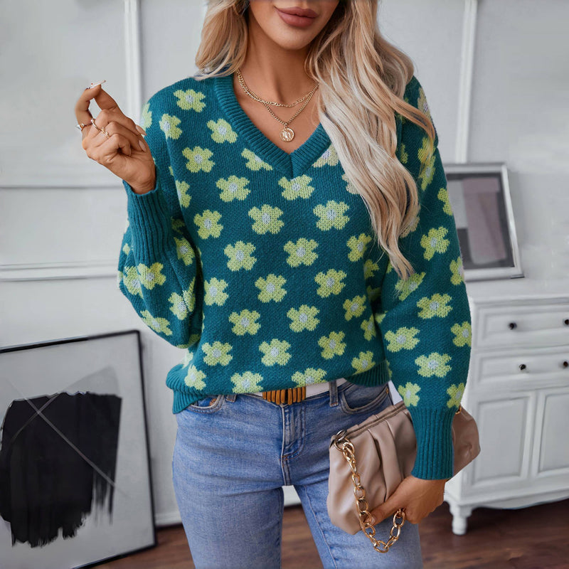 Frauen Strickpullover Blumenmuster Elegant - IdealeKleiden