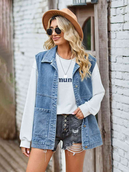 Ärmellose Jeansjacke Mit Knöpfen Trendy Design