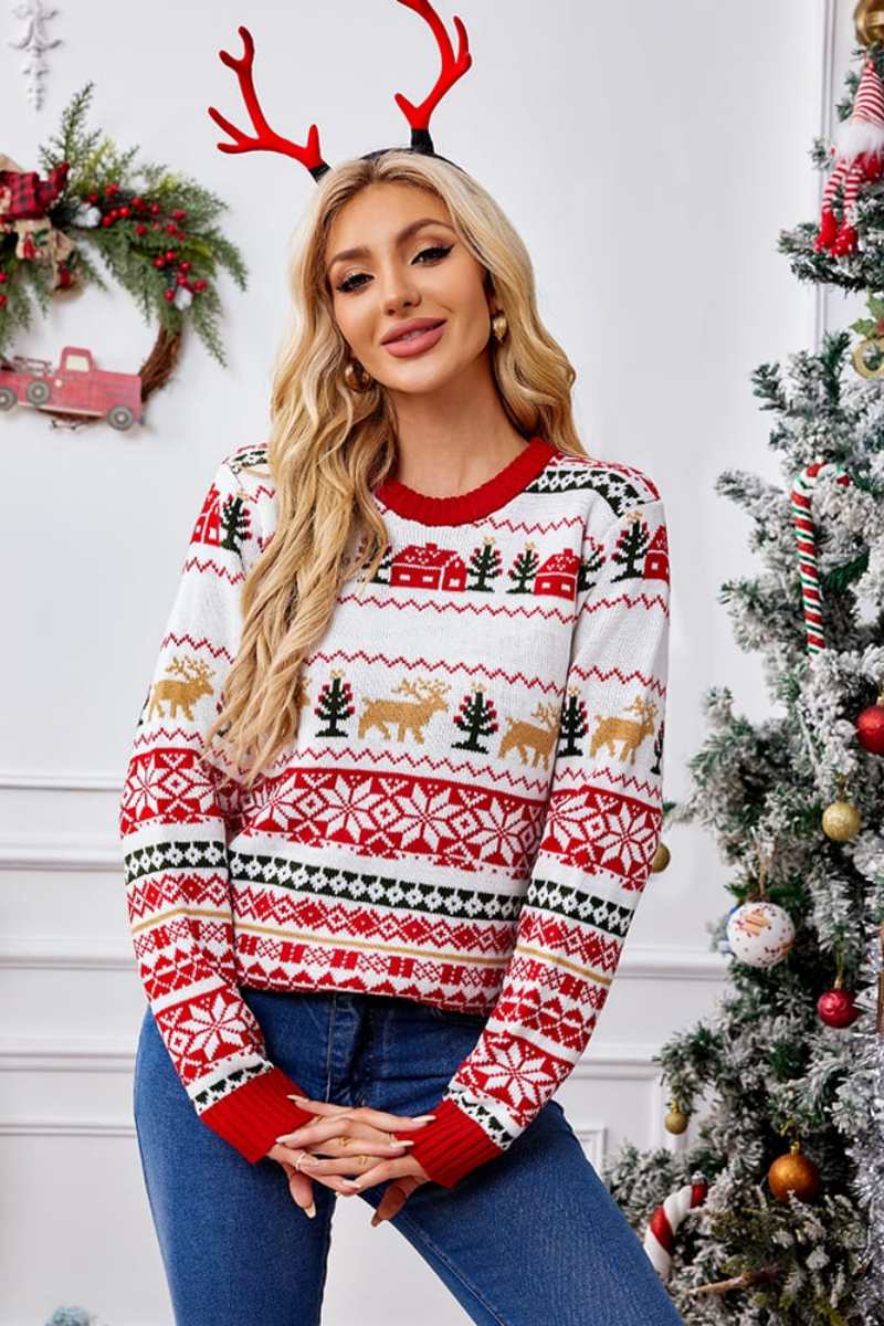 Weihnachtlicher Strickpullover Rundhals Bestickung - IdealeKleiden