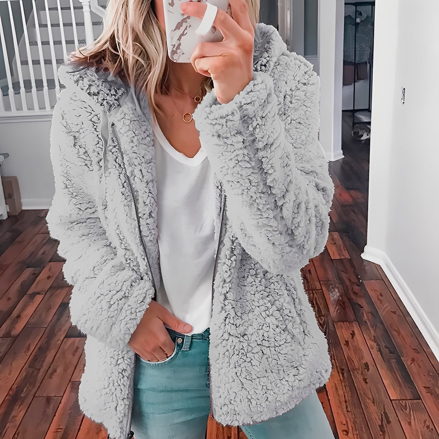 Damen Wolljacke Kapuze Warm