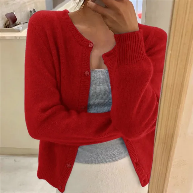 Damen Strickjacke Rundhals Elegant Langarm