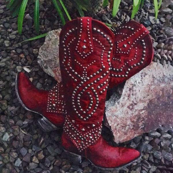 Stilvolle Stiefel Damen Hoch Metall Nieten Blockabsatz