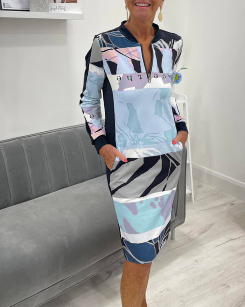 Kleid Mit Langen Ärmeln und Tasche Farbblock Design