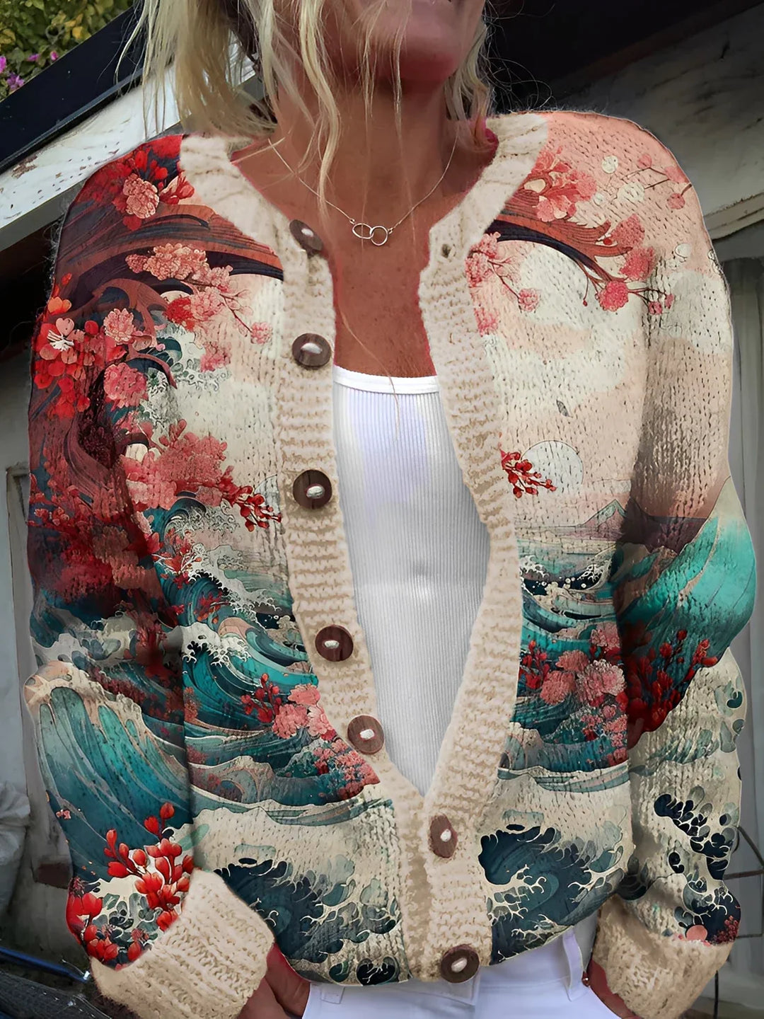 Damen Strickjacke Blumenmuster Elegant