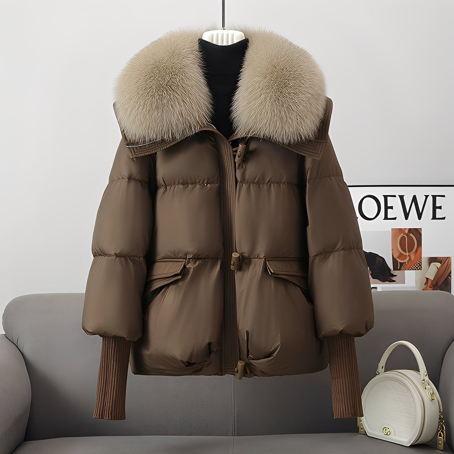 Stylische Damenjacke | Eleganter Windbreaker mit Daunenfüllung und Pelzbesatz