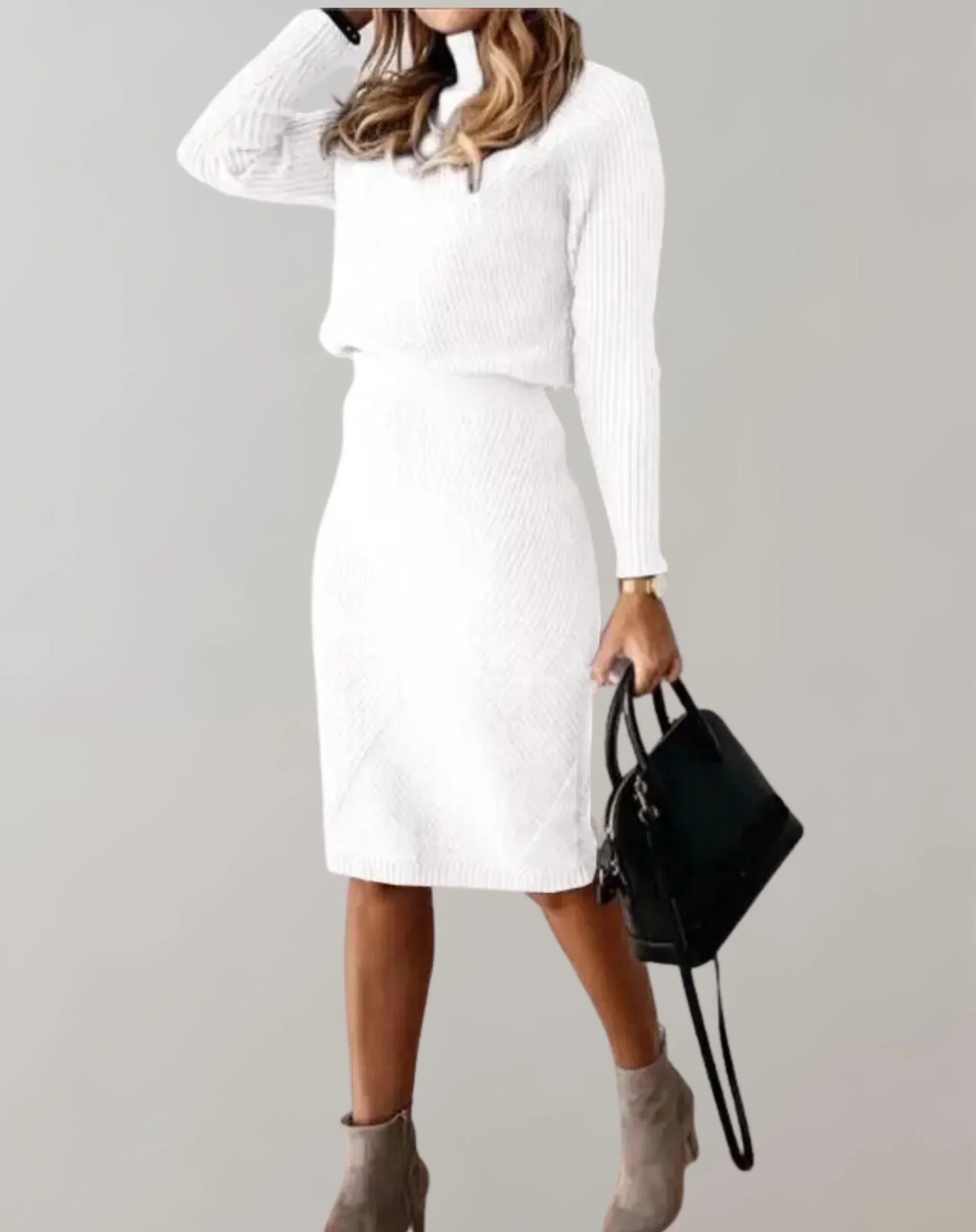 Schicke Zweiteiler Damen Slim Fit Rollkragen Pullover und Midi Rock