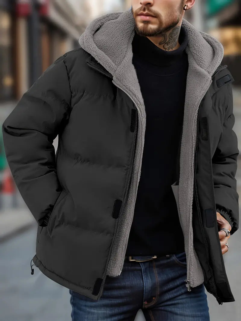 Herren Pufferjacke Kapuze Warm Fleece Outdoor