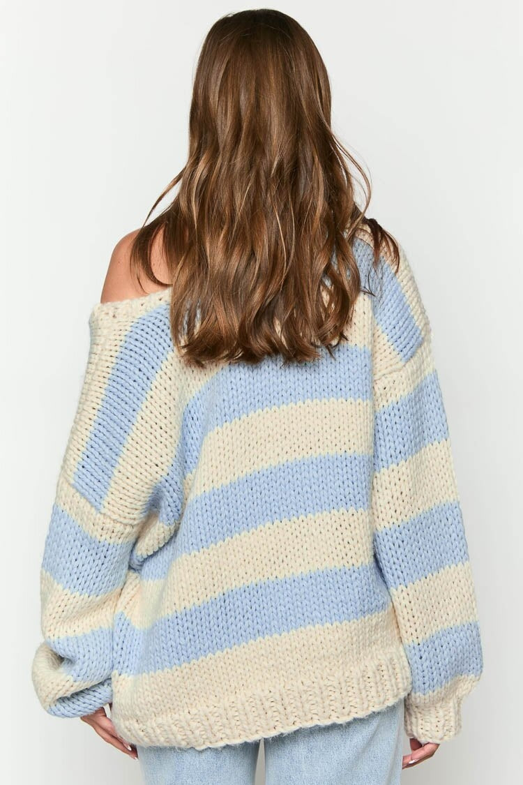 Stylischer Off-Shoulder Pullover Gemütlich Gestreift Herbstmode - IdealeKleiden