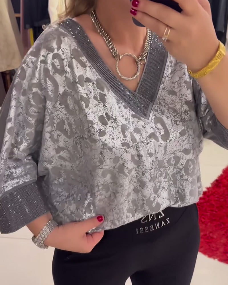 Trendige Bluse V-Ausschnitt Modern Bedruckt - IdealeKleiden