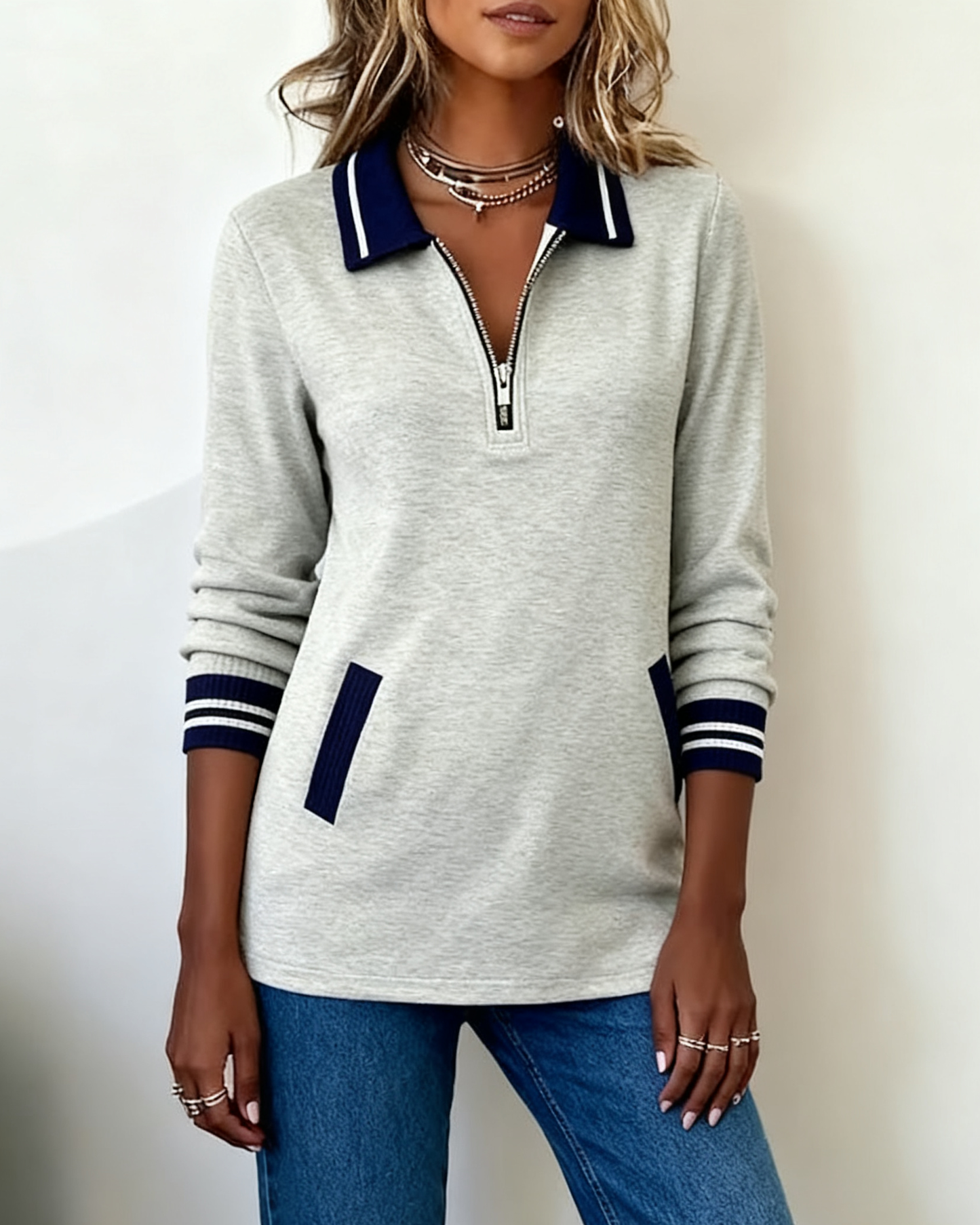 Modisches Sweatshirt Revers Verschluss Farbkontrast