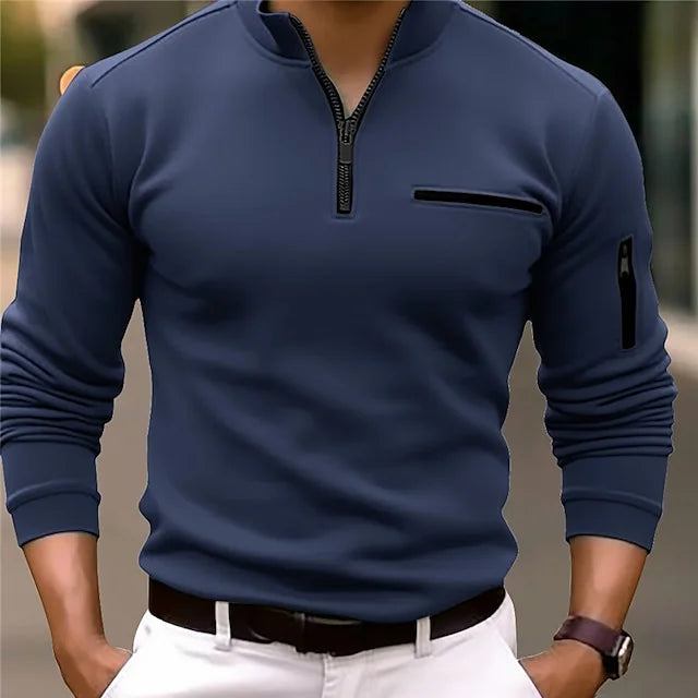 Herren Poloshirt Langarm Elegant Reißverschluss