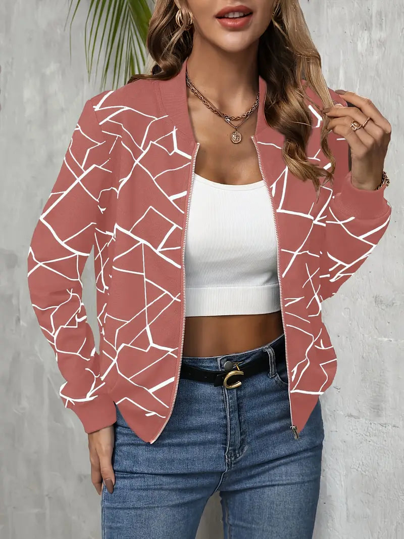 Modische Bomberjacke Geo-Print Reißverschluss - IdealeKleiden