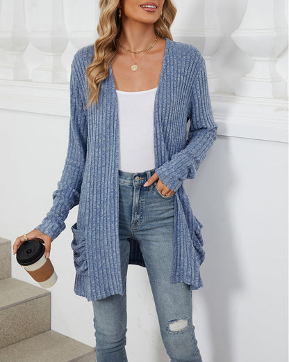 Stylischer Einfarbiger Cardigan Langärmlig Mit Tasche