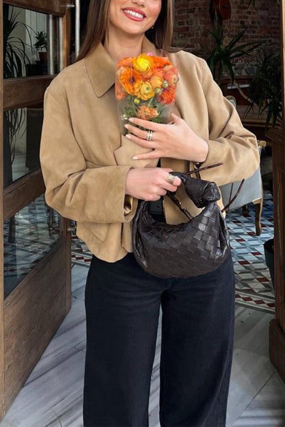 Stylische Cropjacke Faux Suede Mit Taschen - IdealeKleiden