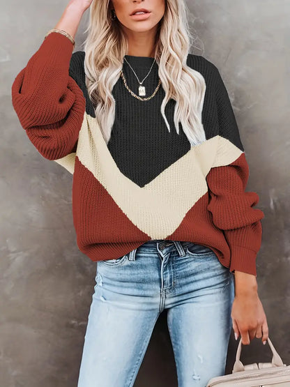 Damen Pullover Farbblock Rundhals