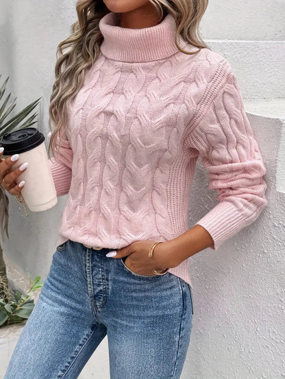 Damen Rollkragenpullover Zopf Muster Soft