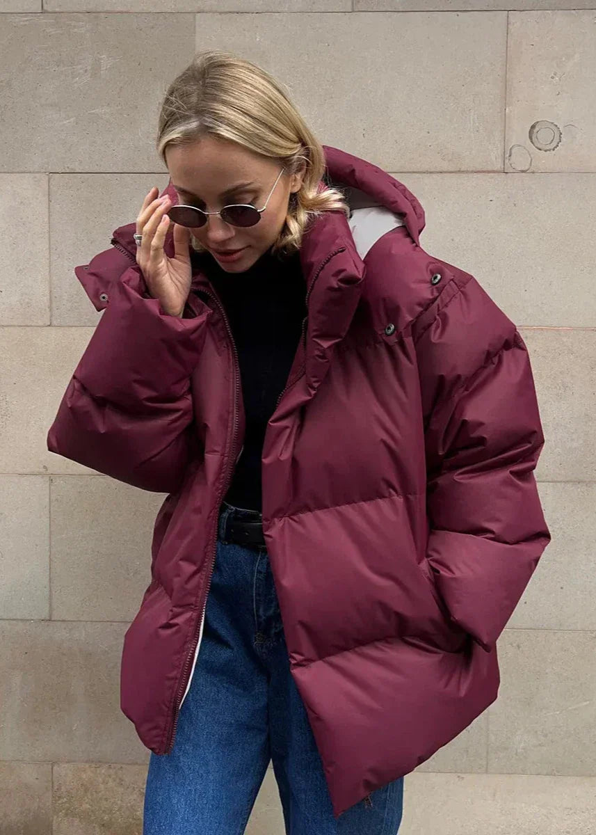 Warme Pufferjacke Burgunderrot Damen - IdealeKleiden