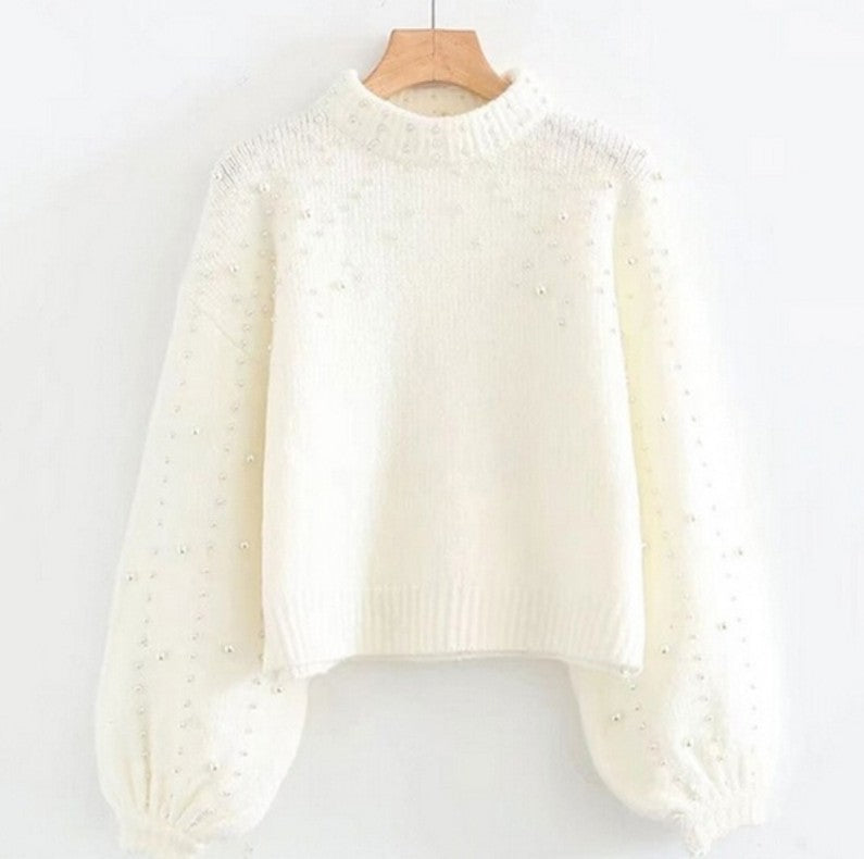 Damen Pullover Glitzer Perlendetails Lockere Ärmel