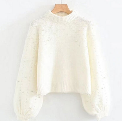 Damen Pullover Glitzer Perlendetails Lockere Ärmel