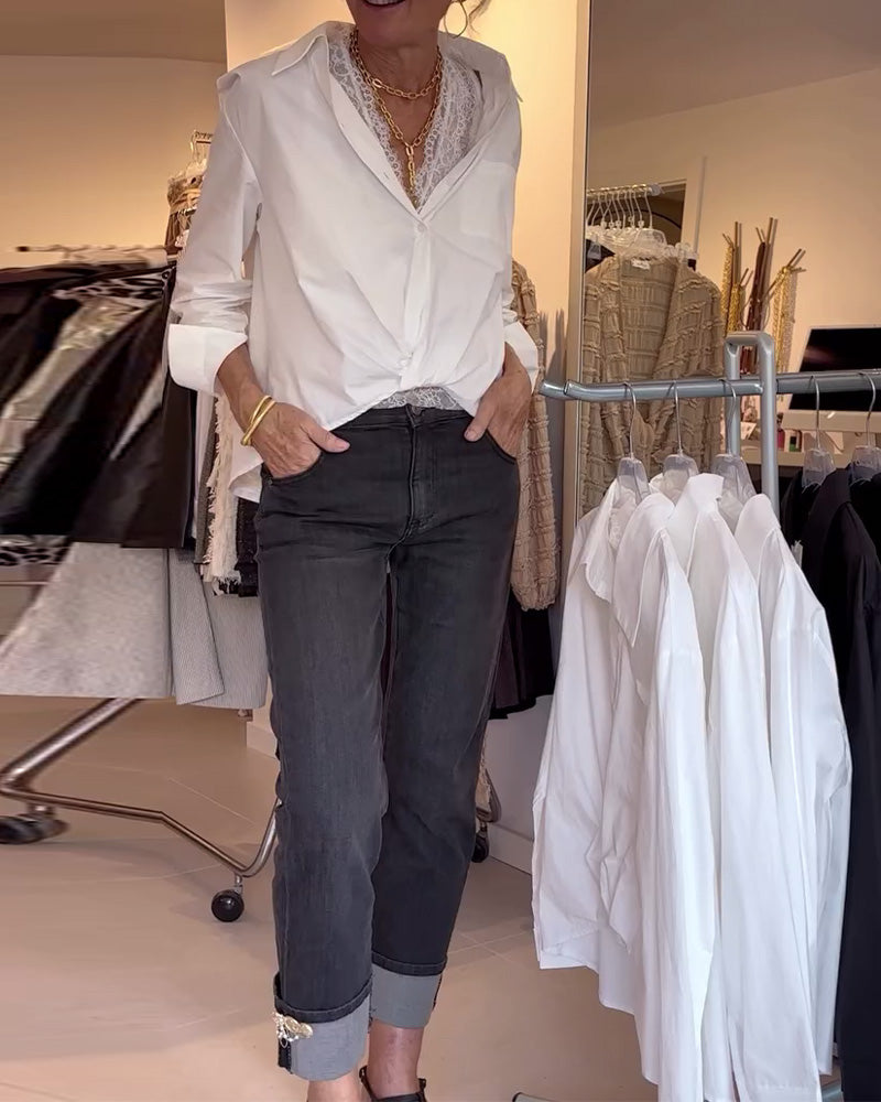 Elegante Bluse Spitze Revers Langarm