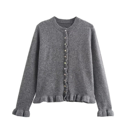 Stylischer Cardigan Damen Rüschen Knopfdesign