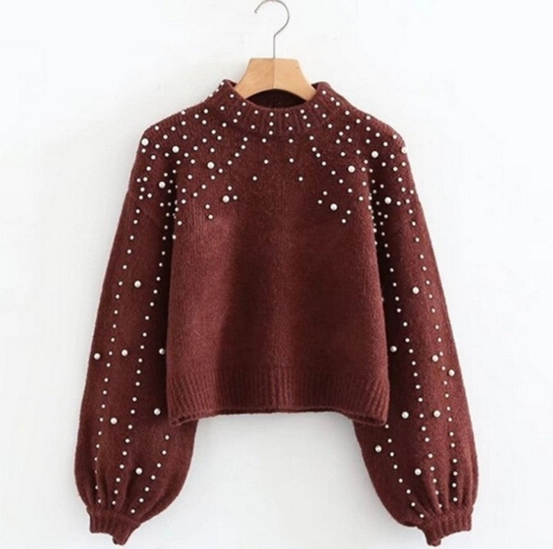 Damen Pullover Glitzer Perlendetails Lockere Ärmel