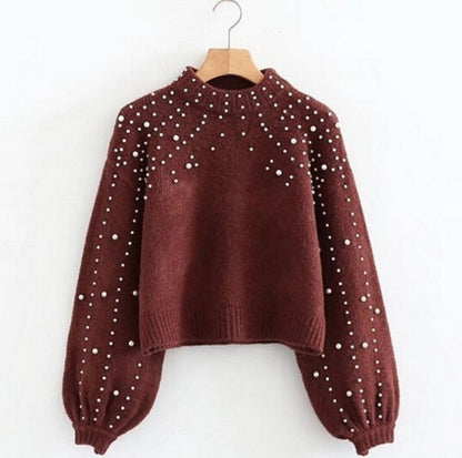 Damen Pullover Glitzer Perlendetails Lockere Ärmel