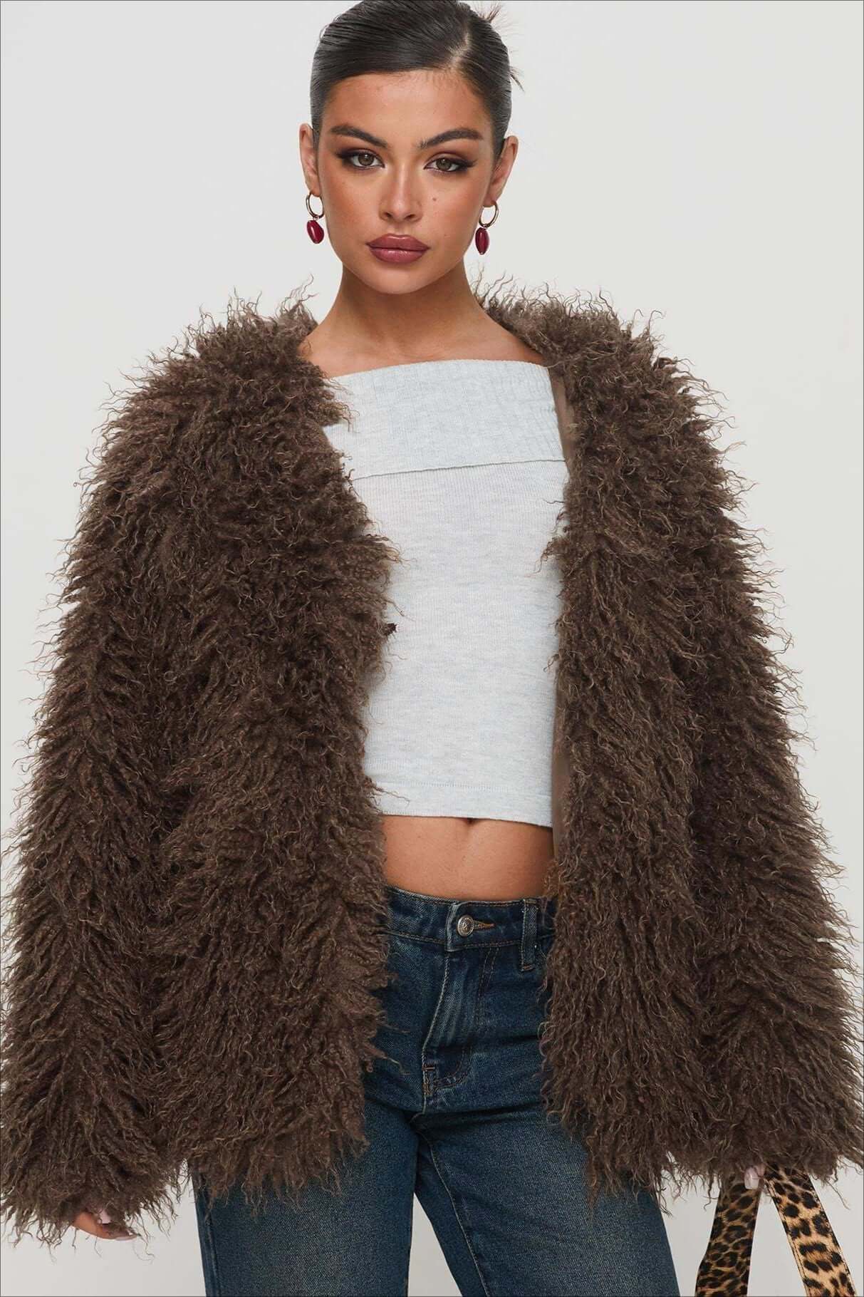Übergroße Faux-Fur-Jacke Braun Plüschig