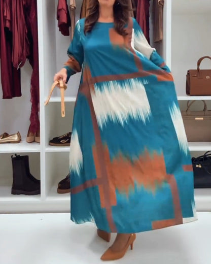 Stilvolles Damenkleid Rundhals Langärmlig Bedruckt