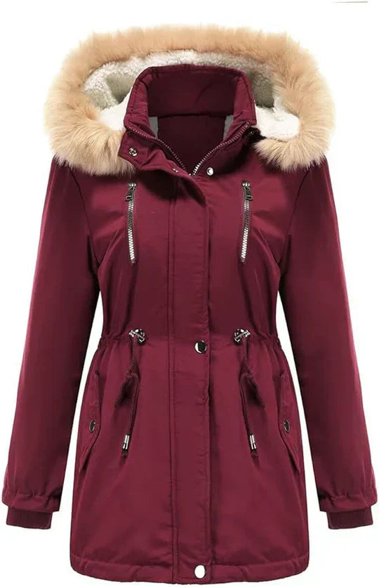 Langer Wintermantel mit Kapuze Kunstfell Fleece