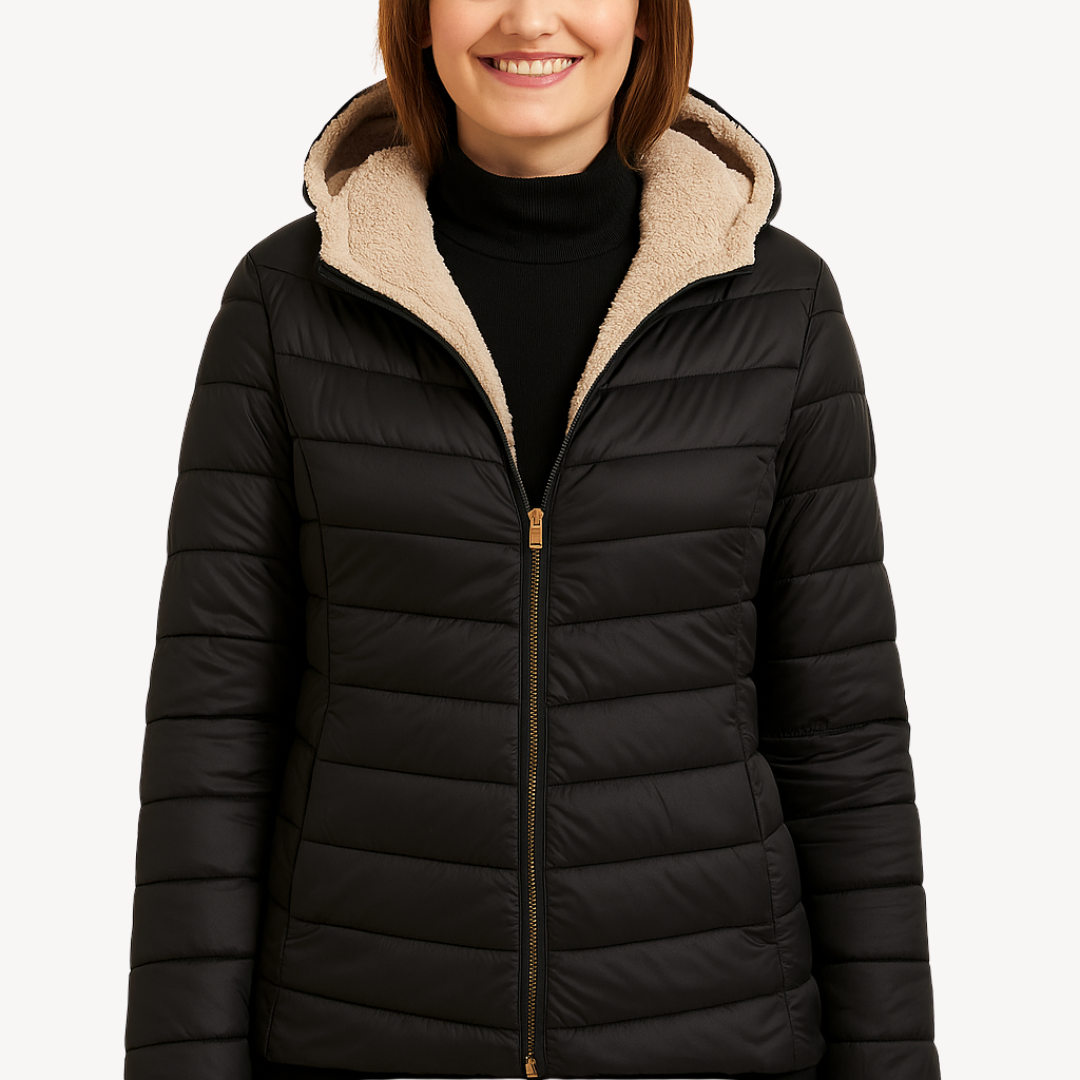Damen Wintermantel Kapuzen-Puffer mit Sherpa-Füttung - IdealeKleiden